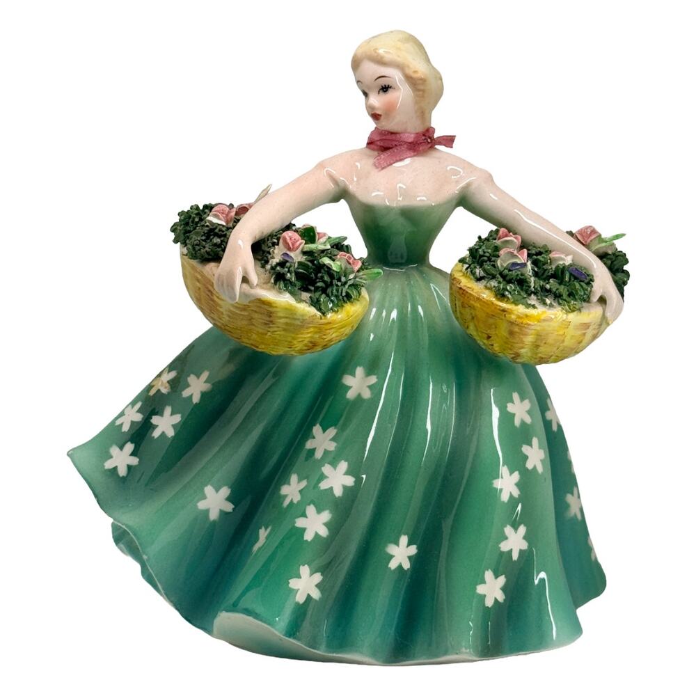 1950s Lefton 429 Lady Double Flower Basket Ceramic Planter Japan Vintage